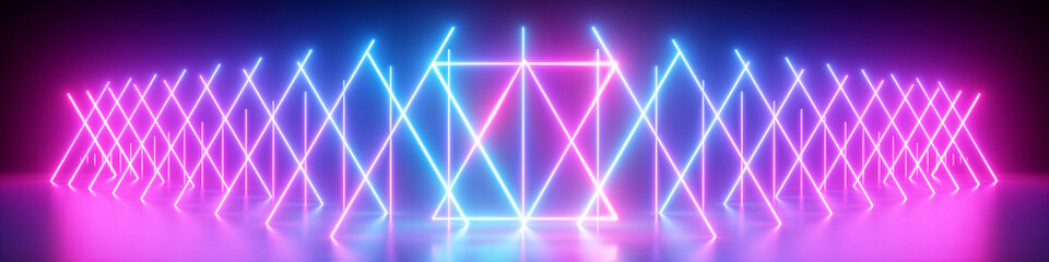 3d render, abstract neon panoramic background, glowing lines, ultraviolet light