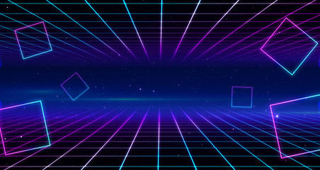 Aufkleber - Retro Sci-Fi Background Futuristic Grid landscape of the 80`s. Digital Cyber Surface. Suitable for design in the style of the 1980`s. 3D illustration