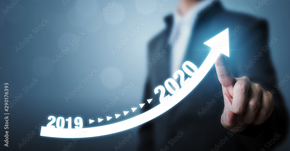 Business development to success and growing growth year 2019 to 2020 concept, Businessman pointing arrow graph corporate future growth plan - obrazy, fototapety, plakaty 