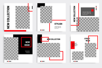 Wall Mural - Minimal layout design background vector illustration in black red white frame color. Editable square geometric shape banner template for social media post, stories, story, flyer, look book magazine