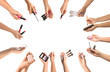 © Pixel-Shot - Female hands with makeup cosmetics and accessories on white background