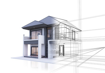 3D illustration, architecture, house blended with line drawings. Referring to the formation