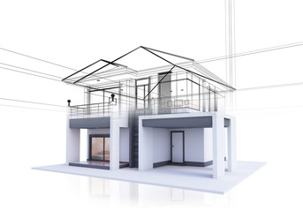 3D illustration, architecture, house blended with line drawings. Referring to the formation