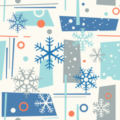 seamless mid century modern winter pattern with snowflakes and geometric shapes. Cheerful retro design for fabric, wallpaper, backgrounds and decor.Print