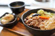 Sukiyaki donburi , sukiyaki hot pot stew with Japanese rice in bowl Japanese food