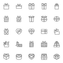 Sticker - Gift box line icons set. linear style symbols collection, outline signs pack. vector graphics. Set includes icons as round gift box with bow, heart shaped box, wrapped surprise box