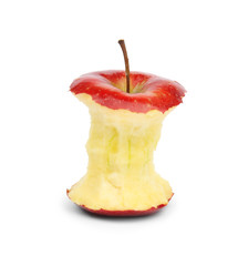 Ripe red apple core on white background