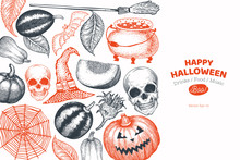 Halloween Banner Template. Vector Hand Drawn Illustrations. Design With Pumpkins, Scull, Cauldron And Sunflower Retro Style. Autumn Background.