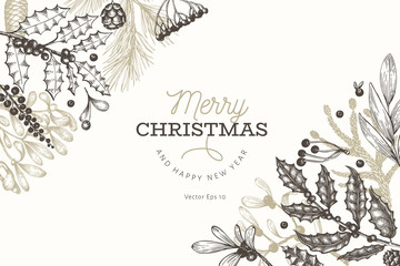 Christmas banner template. Vector hand drawn illustrations. Greeting card design in retro style. Winter background