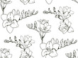 Seamless floral decorative pattern with black and white Freesia flowers on white background. Endless spring texture for your design, fabrics, decor, print, coloring book