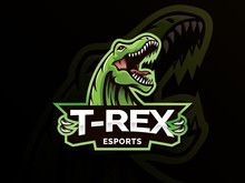 Dinosaur Sport Mascot Logo Design Illustration. T-Rex Head Mascot Sports Logo. T Rex Head Mascot Sports Emblem Illustration With Hand. Tyrannosaur Logo And Mascot For ESport Team. Sports Logo Template