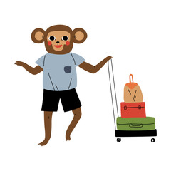 Wall Mural - Cute Monkey Tourist with Suitcases, Funny Humanized Animal Cartoon Character with Luggage Going on Vacation Vector Illustration