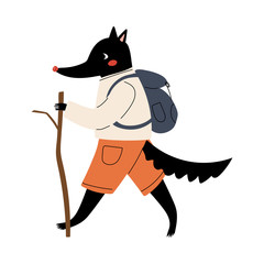 Sticker - Wolf Walking with Backpack and Wooden Stick, Funny Humanized Animal Cartoon Character Travelling on Vacation Vector Illustration