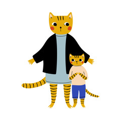 Sticker - Mother Tiger and her Kid, Loving Parent Animal and Adorable Child Humanized Characters Vector Illustration