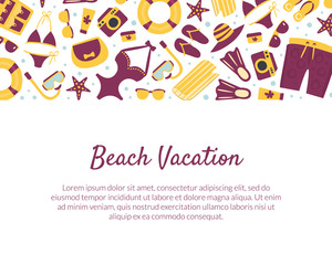 Poster - Beach Vacation Banner Template, Summertime Traveling Card with Summer Accessories and Place for Text Vector Illustration