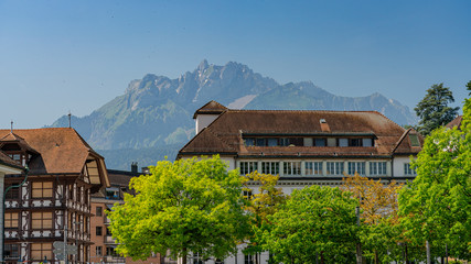 Canvas Print - Scenic panorama view on city Lucerne, old town and river