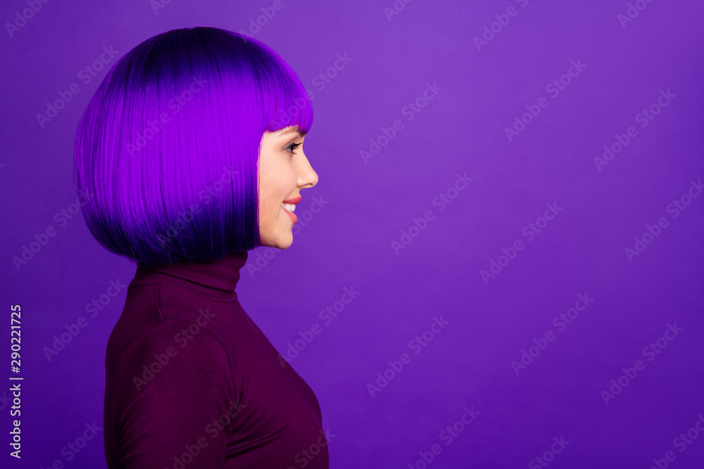 Profile photo of stylish lady looking empty space wear turtleneck isolated purple background - obrazy, fototapety, plakaty 