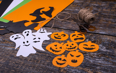 Wall Mural - Materials for decorating the holiday Halloween on a wooden table. Flat lay.