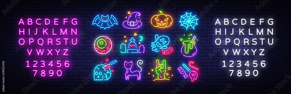 Halloween neon icons set. Happy Halloween collection neon signs. Bright sign boards, light banner. Modern trend design, night light signboard, emblems, design template. Vector Illustration - obrazy, fototapety, plakaty 
