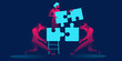 © A Stefanovska - Team concept, people connecting puzzle elements in red and blue neon gradients. Symbol of teamwork, cooperation, partnership