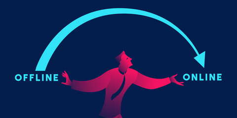 Offline to online business concept vector illustration in red and blue neon gradients