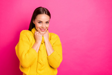 Sticker - Close up photo of content person smiling wearing knitted pullover isolated over pink fuchsia background