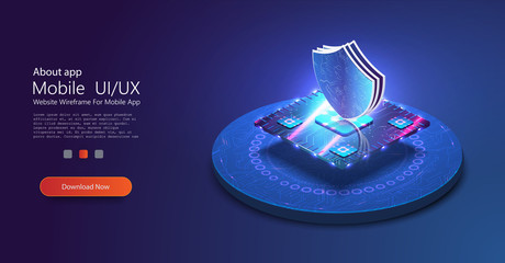 Fototapete - 3D shield on the processor. Circuit board. Technology background. Central Computer Processors CPU concept. Security Illustrates cyber data or information privacy idea. blue color abstract technology