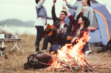 Closeup of bonfire and friendship clinking drinking bottle glass for celebrating in party with mountain meadow and lake view background. People lifestyle and travel vacation. Picnic and camping tent