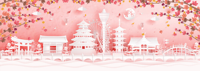 Fototapete - Autumn in Osaka, Japan with falling maple leaves and world famous landmarks in paper cut style vector illustration