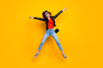 Wall Mural - full length photo of cheerful lovely funny youth girl jump enjoy weekends wear denim jeans black mod