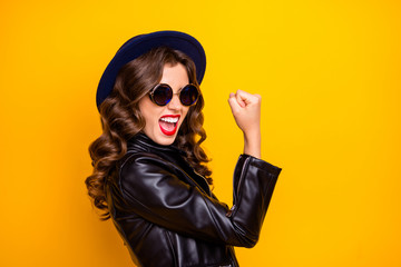 Sticker - Best day on my life. Profile photo of crazy lady celebrating lottery winning wear casual trendy outfit isolated yellow background