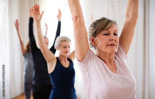 Fotomural Group of senior people doing yoga exercise in community center club