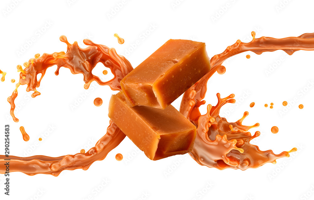 Liquid sweet melted caramel, delicious milk caramel sauce swirl 3D splash with chewy cream toffees candies. Yummy sweet caramel fudge toffee candies, yummy sauce. Advertising design element isolated - obrazy, fototapety, plakaty 