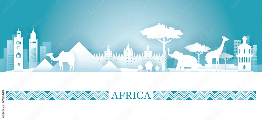 Africa Skyline Landmarks in Paper Cutting Style - obrazy, fototapety, plakaty 