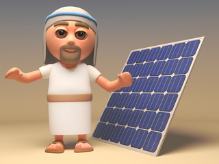 Wall Mural - 3d cartoon Jesus Christ character standing next to a renewable energy solar power cell panel, 3d illustration