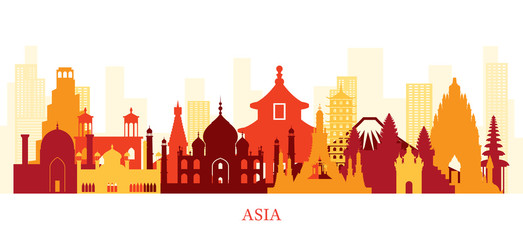 Wall Mural - Asia Skyline Landmarks Colorful Silhouette