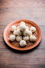 Poster - Rava Laddu or Semolina Laddoo Or Rawa Ladu, a popular sweet dish from Maharashtra, India