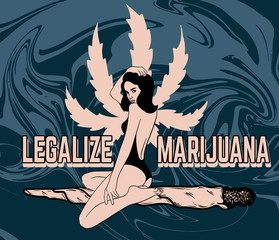 Wall Mural - Legalize marijuana. Vector hand drawn illustration of woman on the cigarettes with leaves isolated.