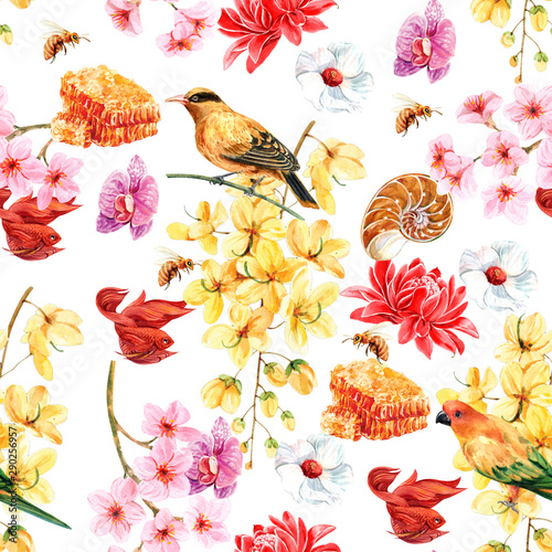 seamless floral background with birds