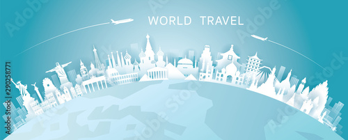 Fotografía World Skyline Curve Landmarks in Paper Cutting Style