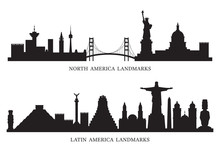 North, South And Latin America Skyline Landmarks Silhouette