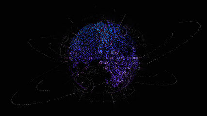 Fototapete - Futuristic global communication via broadband internet connections between cities around the world with matrix particles continent map for head up display background