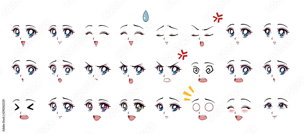 Set of cartoon anime style expressions. Different eyes, mouth, eyebrows. Blue eyes, pink lips. Hand drawn vector illustration isolated on white background. - obrazy, fototapety, plakaty 