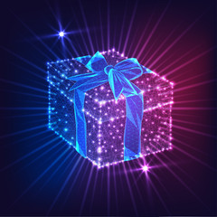 Wall Mural - Futuristic glowing low poly gift box with ribbon bow isolated on dark blue and purple background.