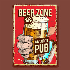 Canvas Print - Hand Holding Beer Glass Advertising Banner Vector. Mug With Alcoholic Craft Brewery Drink Beer On Promo Poster Retro Style Grunge Textures. Tavern Creative Concept Layout Flat Cartoon Illustration