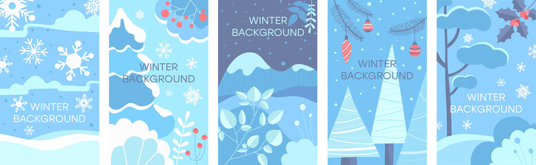 Set of winter abstract backgrounds. Design for winter season sale banner, poster or christmas greeting card, festival invitation, paper cut out art style. Flat Vector Illustration