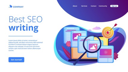 Poster - Search engine marketing business. Copywriting service, content management. Copy optimization, web text optimization, best SEO writing concept. Website homepage landing web page template.