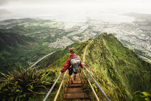 Dramatic Views Over Kaneohe Hiking The Stairway To Heaven (Haiku Stairs) Oahu, Hawaii.