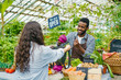 © silverkblack - Female customer buying organic food vegetables cabbage in farm market while African American man salesperson putting products in bag. People and shopping concept.