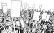 Illustration of people protesting with blank signs and banners.